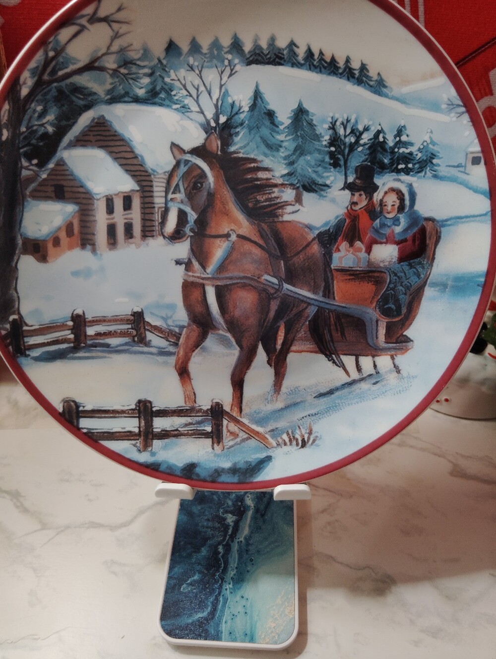 Vintage Winter Sleigh Horse Decorative Plate - Red Trim